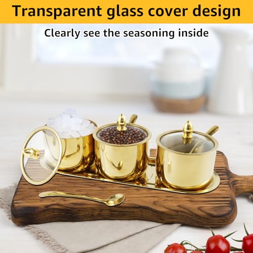 Kandishiex Stainless Steel Sugar Bowl Set with Glass Lid and Spoon 3 Grid Condiment Jar Set with Tray Reusable Condiment Canisters Pots Set Stylish Seasoning Box for Sugar Spice Salt (Golden) by Kandishiex - Image 3