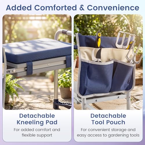 Image of 2-in-1 Garden Kneeler and Seat, Folding Garden Seat w /EVA Foam Kneeling Pad & Removable Tools Pouch, Sturdy Steel Frame, No Assembly, Portable Heavy Duty Garden Stool w /Detachable Armrests