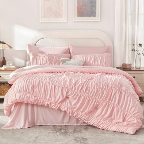 Image of Andency Ruched Queen Comforter Set Pink, 7 Pieces Ruffle Bed in a Bag, Shabby Chic Pleat Bedding Set with Comforter, Sheets, Pillowcase & Sham, Lightweight, Soft, All Season