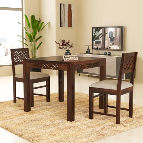 Image of Solid Sheesham Wood 2 Seater Dining Table Set with Cushioned Chairs for Dining Room | Living Room | Home & Office | Hotels Restaurant & Cafe (2 Seater, Walnut A)