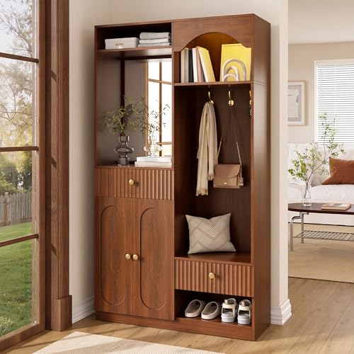 Mueble de entrada de MDF con espejo y banco en color nogal de 100x35x180 cm para pasillo 6