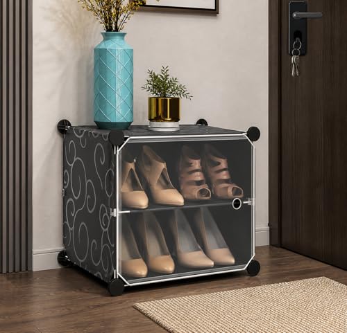 Image of YASONIC Plastic Shoe Rack for Home with Door, 1-Door Shoe Storage Cabinet | 3-Shelfs for 6 Pairs | Waterproof & Portable DIY Shoe Slipper & Chappal Stand for Entryway /Bedroom (Grey-HS)