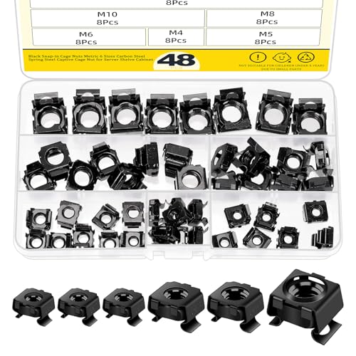 Mardatt 48Pcs Snap-in Cage Nuts Assortment Kit, M4 M5 M6 M8 M10 M12 Carbon Steel Zinc Plated Metric Cage Nuts Clip-On Nuts, Rack Nuts, Rack Mount Clip Nuts for Shelve Cabinet, Black