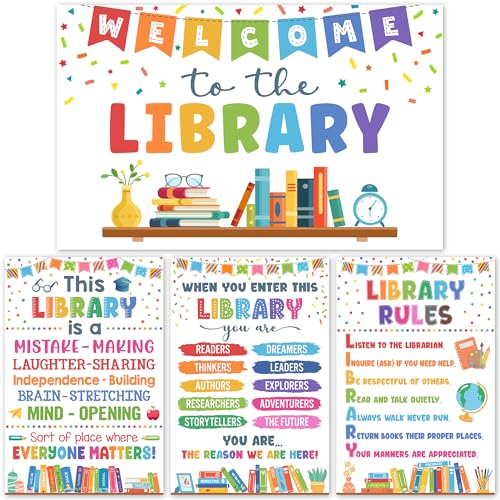 Lalunia 4 Pcs Library Rules Poster (11"x16") - Classroom Library Decorations for Librarian, Media Room, Back to School Educational Posters, Library Bulletin Board Sets, Reading Corner Decor