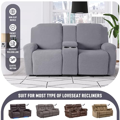 Image of KinCam Loveseat Recliner Covers with Middle Console Slipcover, Recliner Sofa Covers 2 Seat Couch Cover Stripe Jacquard Furniture Protector Covers with Elastic Bottom for Kids, Pets (Light Gray)