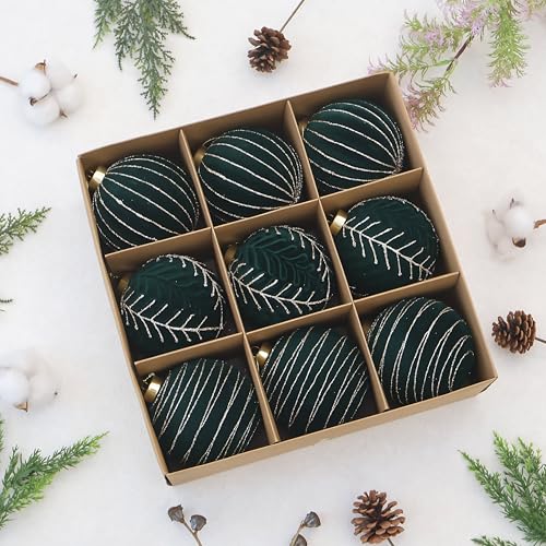 Image of 4inch Velvet Ornaments for Christmas Tree, 9PCS Glitter Flocked Christmas Ornaments Decorations Balls Set Decor Green