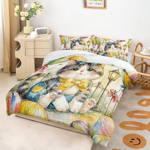 Image of AILONEN Cute Kitten Comforter Full Size 3-Piece Watercolor Cat Bedding Whimsical Bow Tie Pet Quilted Cover Teens Dorm Room Decor Aesthetic Animal Duvet Alternative Light Breathable Bedspread