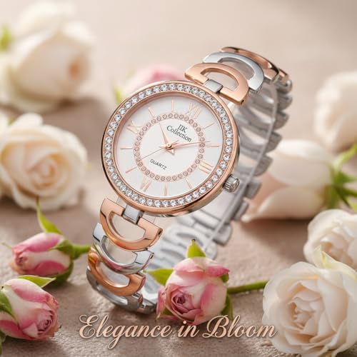 Image of IIK COLLECTION Watches for Women Round Studded Dial |Analogue Quartz Movemnet Ladies Watch|Long Battery Life|Stainless Steel Adjustable Bracelet Chain Strap|Double Lock Clasp Safety Watches for Girls