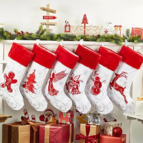 Roycraft Christmas Stockings 6 Pack 18 Inches Christmas Decorations Ornaments Velvet with Embroidered Design & Soft Faux Fur for Xmas Decor Indoor