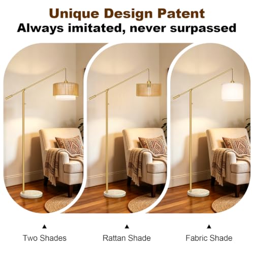 Image of 【Upgraded】Boho Dimmable Floor Lamp with Adjustable Swing Arm, 1100 Lumens Bulb Included, Modern Standing Lamp with Rattan & Fabric Shades, Tall Arc Floor Lamp for Living Room Bedroom, Gold, Heavy Base