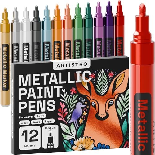 SAKEYR Super Golden Metallic Paint Markers, 12 Colors Metallic Glitter Markers Acrylic Paint Pens Rock Painting Glass Wood Fabric Black Paper Cards Sc