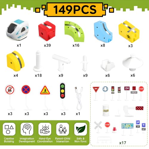 Image of Cable World Magnetic Suspended Orbit Train Track Set for Kids, 149 PCS DIY Magnetic Wall & Floor Railway Track with 1 Rechargeable Magnetic Train, USB Charging, STEM Construction Toy for Kids