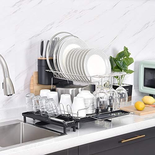 KINGRACK 2 Tier Dish Rack, 304 Stainless Steel Dish Drainer, Large Capacity Dish Drying Rack with Stretchable Drip Tray, Removable Cutlery Cutting Board Wine Glasses Cups Holder & Plate Rack