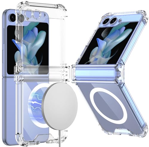 Clear Magnetic Case for Samsung Galaxy Z Flip 5 with Hinge Protection [Compatible with MagSafe] 2 in 1 Slim Shockproof Transparent Mag-Safe Phone Case Full Body Protection Z Flip 5 Hard Cover - Clear