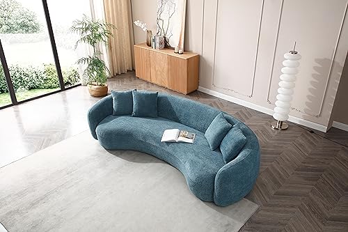Image of KEIKI 103 inch Boucle Half Moon Curved Sectional Sofa with 4 Throw Pillows, Modern 5-Seater Teddy Fleece Leisure Couch with Curved Backrest, Easy Assembly, for Apartment, Living Room, Bedroom, Blue
