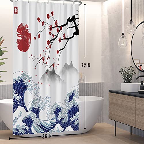 SDOTPMT Cortina de Baño del Monte Fuji en Japón - 90x180cm, Sakura Sunset, Paisaje Ondulado, Pintura de Tinta Asiática - Decoración de Bañera, Tela Impermeable Con Ganchos