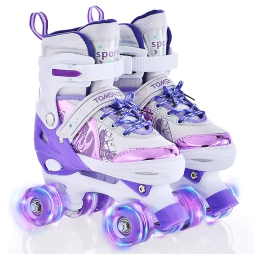 TOMSHOO Roller Skates for Girls Boys Kids Roller Skates 4 Sizes Adjustable Quad Skates With Light Up Wheels Roller Boots for Indoor Outdoor Birthday Gift (Purple, Medium(UK 1-3)))