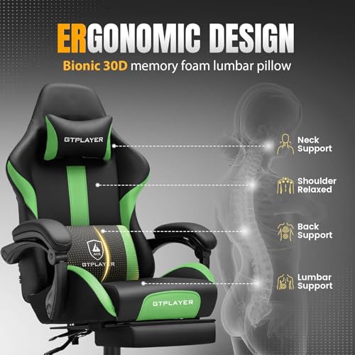 Image of GTPLAYER Gaming Chair with Pocket Spring Cushion, Leather Office Chair with Ergonomic High Back & Lumbar Support for Back Pain Relief, Computer Game Chair for Adults, Grass Green
