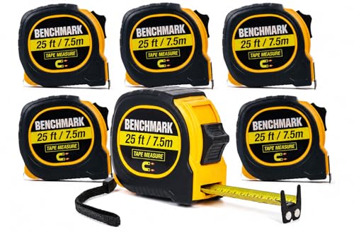 6 Pack - Tape Measures 25 ft / 7.5m – Dual Sided Blade with Easy Read Fractions to 1/8th inch Plus Centimeters on Back Side - Magnetic Tip - Thumb Lock - Belt Clip – Retractable Measuring Tape by Benchmark - Used condition - US$24.82