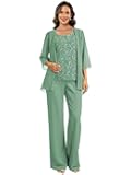 3 Pcs Mother of The Bride Pantsuit for Wedding Lace Sequins Formal Wedding Guest Outfit with Jacket