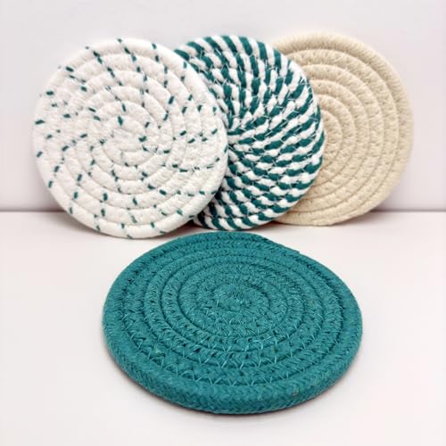 4-Piece Cotton Trivets Set for Drinks, 4.3 Inch Fit for All Kinds of Cups, Super Absorbent Drink Coasters, Minimalist Cotton Handmade Trivets for Coffee Table (Turquoise)