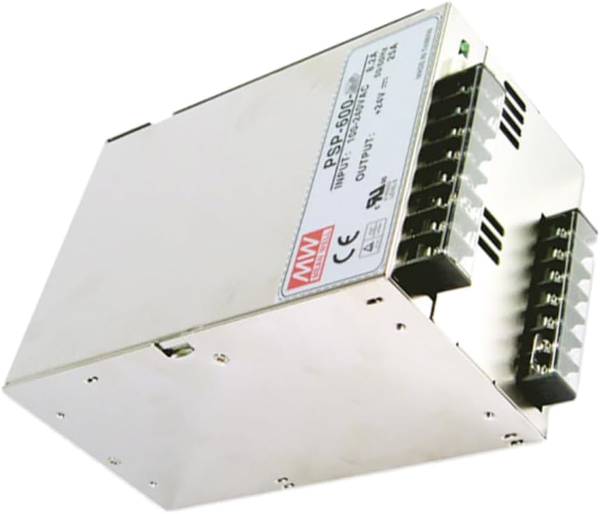 Angled view of the PSP-600-48 Power Supply, showing its compact metal casing and fan cooling vents.