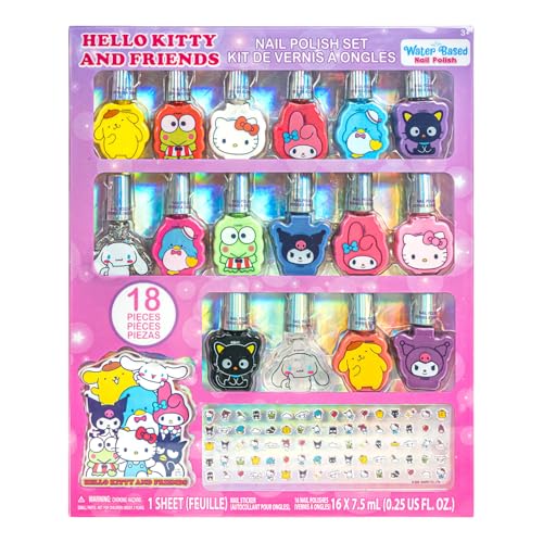 Hello Kitty and Friends 16 Pack Nail Polish Set Water-Based Peelable Nail Polish with Glittery Shimmery and Opaque Colors for Kids Girls Party by Townley Girl