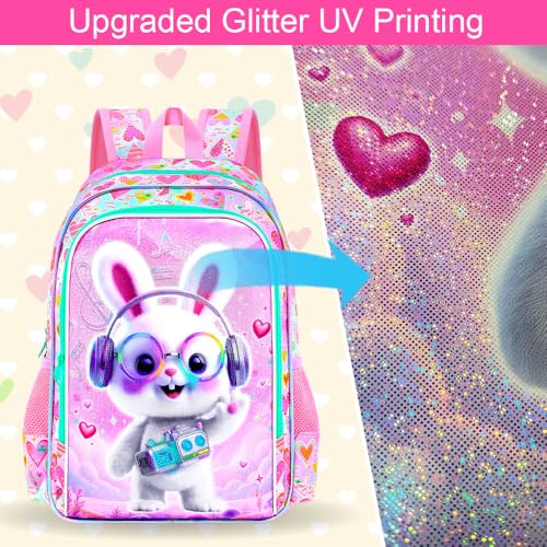 Image of AGSDON 3PCS Backpack for Girls, 16 inch Little Kids Rabbit Preschool Bookbag, Elementary Backpacks and Lunch Box - Purple