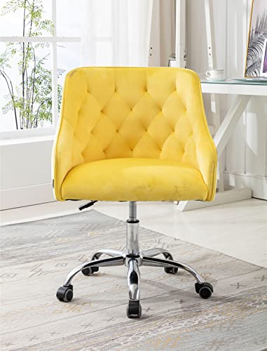 Baysitone Velvet Home Office Desk Chair, Modern Swivel Task Armchair With Adjustable Height, Upholstered Tufted Accent Computer Chair For Home And Office Working Or Studying, Yellow #TOP5