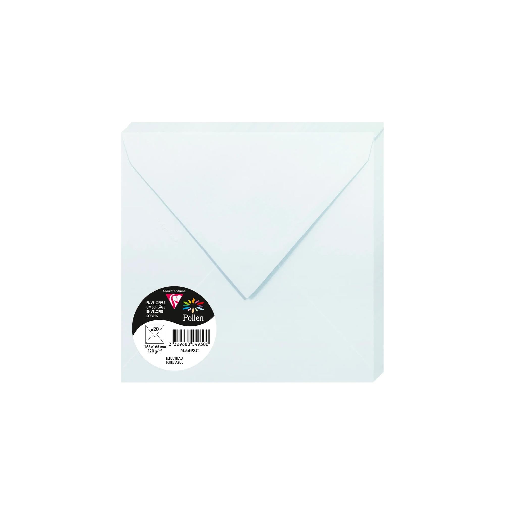 Clairefontaine 5493C Pack of 20 Gummed Envelopes Square Format 16.5x16.5cm 120g/m² Blue Invitation Events and Correspondence Pollen Range Premium Smooth Paper