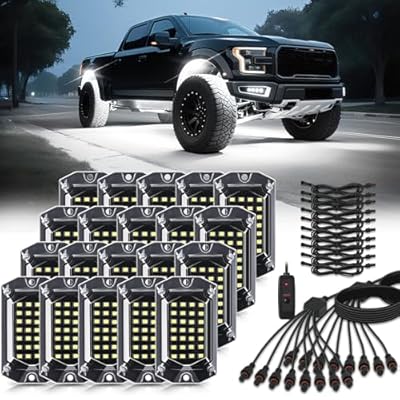 20 Pods Full Angle Pure White LED Rock Lights with Extension Wires, 28 LEDs 6500K Super Bright White Neon Underglow Kit IP68 Waterproof for Semi Trucks Trailer Offroad Pickup Boats RV Vans SUV UTV