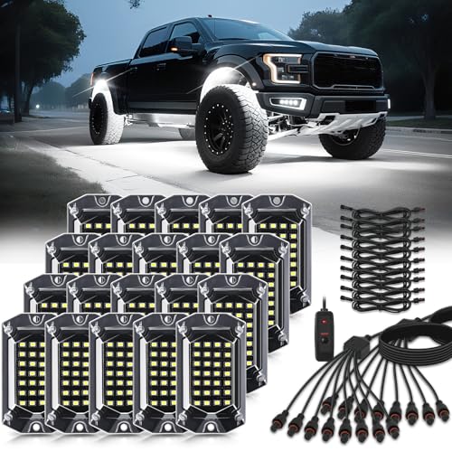 20 Pods Full Angle Pure White LED Rock Lights with Extension Wires, 28 LEDs 6500K Super Bright White Neon Underglow Kit IP68 Waterproof for Semi Trucks Trailer Offroad Pickup Boats RV Vans SUV UTV