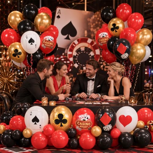 Image of HILAVO Casino Balloons 12 Inch Dice Poker Casino Theme Balloons Red Black Gold Poker Latex Party Balloon for Game Night Las Vegas Themed Birthday Party Decoration