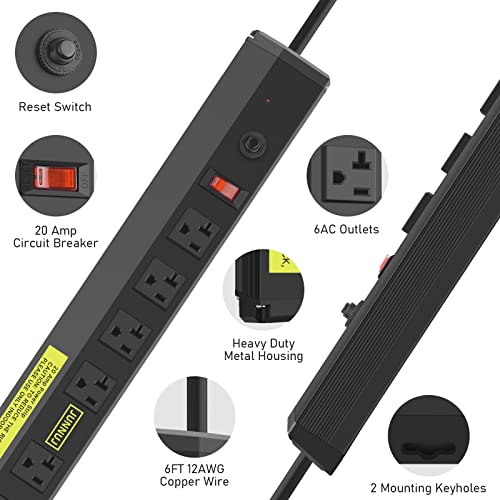 Junnuj Heavy Duty Metal Power Strip 20 Amp, High Amp Surge Protector 6 Outlet, 20A Power Strips Workshop Industrial Outlets Wide Spaced 6-20R T-Slot With Circuit Breaker, 12 Gauge Extension Cord 6Ft #TOP1
