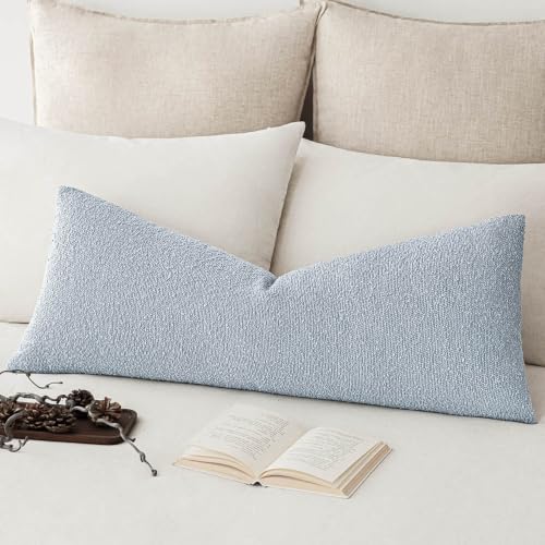 Image of Foindtower Decorative Textured Boucle Throw Pillow Covers Accent Solid Pillow Cases Neutral Long Body Lumbar Couch Cushion Case for Chair Sofa Bedroom Living Room Home Decor 14x36 Inch,1PC,Light Blue