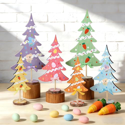 6 Pcs Easter Table Centerpieces Spring Wooden Sign Block With Base for Home Kitchen Dining Tabletop Tiered Tray Decor Home Mantel Kitchen Office Shelf