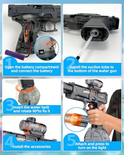 2PCS Electric Water Gun for Kids Adults,Auto Squirt Gun with Flashing Muzzle,26FT Range,Leak-Proof Rechargeable Water Blaster for Summer Pool Beach Water Fights - 5