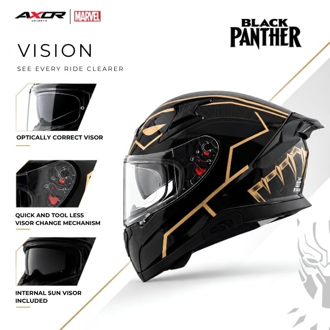 Image of Axor Apex Marvel Black Panther ISI ECE and DOT Certified Full Face Helmet for Men and Women with Dual Visors-Black Gold-L
