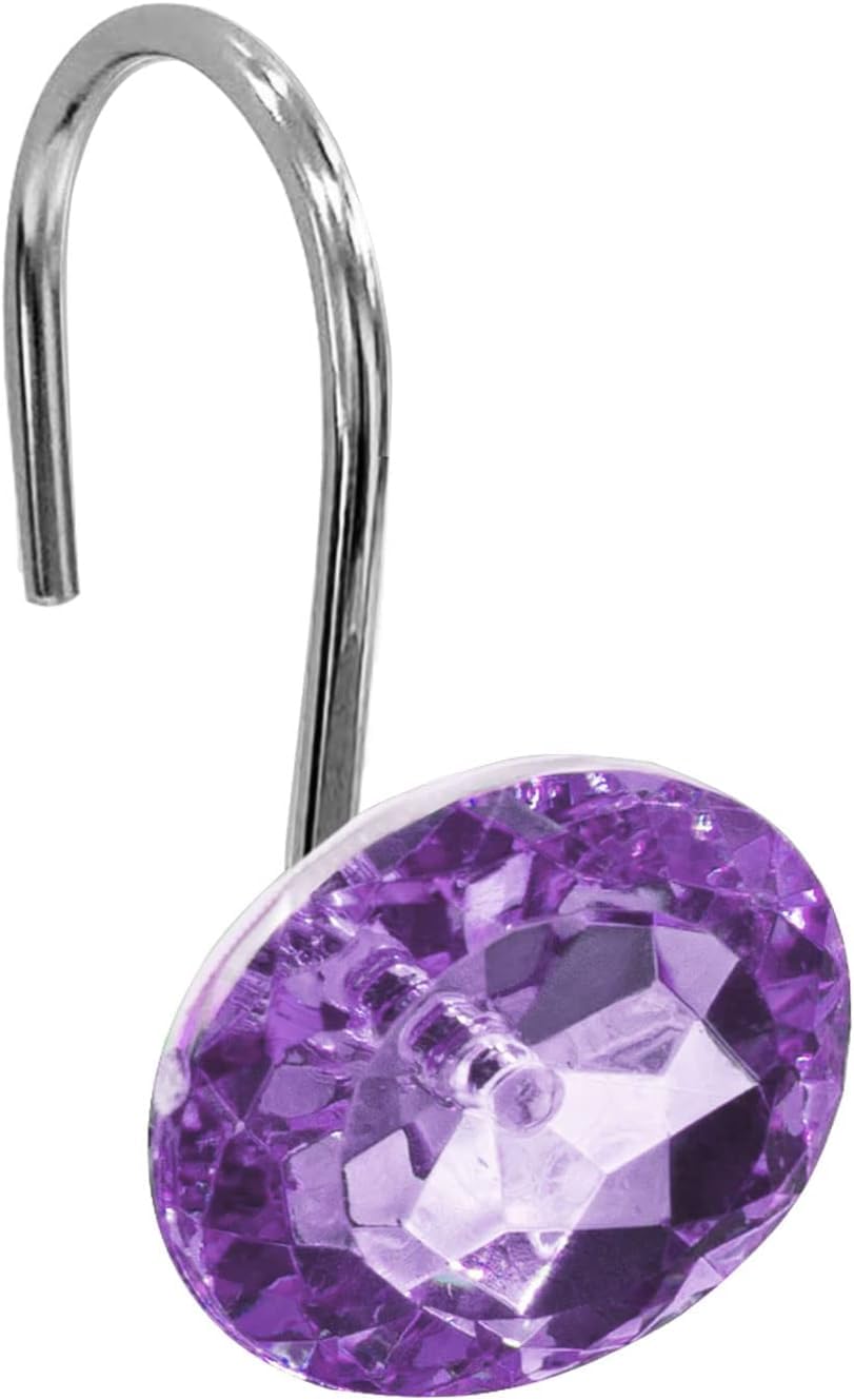 12Pack Purple Crystal Bathroom Shower Curtain Hooks, Diamond Shaped Acrylic Rhinestone Rings with Stainless Steel Hooks, Bling Bathroom Accessories for Curtain Rod
