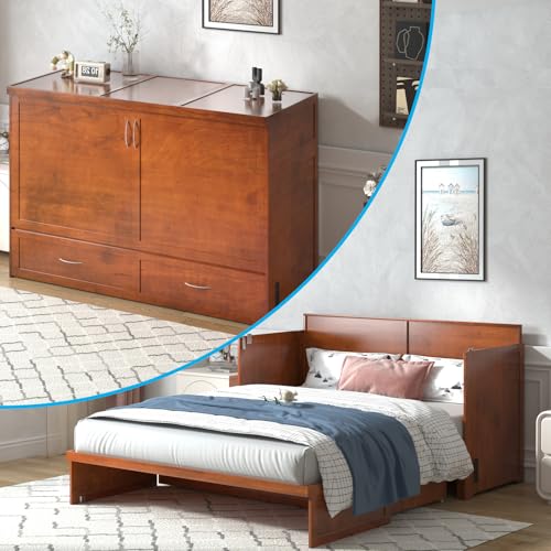 Mjkone Queen Murphy Bed Cabinet, Cabinet Bed with Foldable Foam Mattress, Chest Bed with USB Charging Station & 2 Large Drawers, Folding Bed Cabinet for Guest Room/Bedroom/Office (Cherry, Cabinet A)