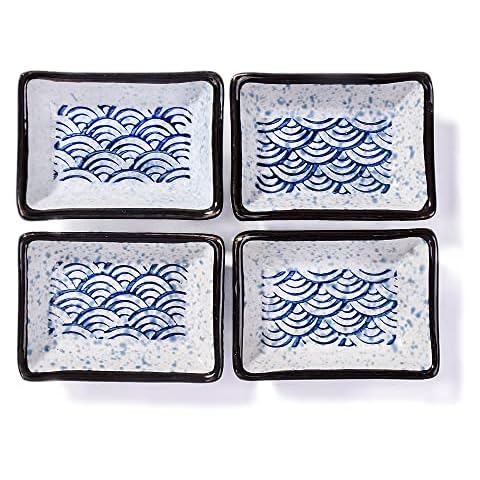 Cerficer Japanese Soy Dish for Sushi, Soy Sauce dishes set of 4, Blue Waves Rectangular Dishes Cover