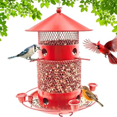 GAINSEN Metal Bird Feeder for Outdoors Hanging, Wild Bird Feeders for Outside, 6Lbs Seed Capacity, 2-Tier Perch, 8 Feeding Ports, Anti-Squirrel Chew Mesh Bird Feeder for Cardinal, Bluebird, Sparrow