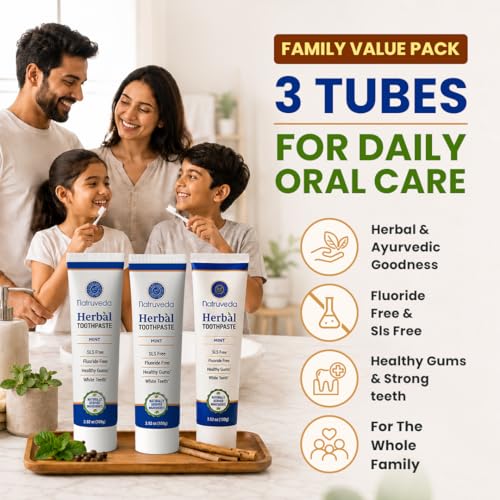 Image of Natruveda Neem Herbal Toothpaste 3 Pack (100g Each) - Fluoride Free & SLS Free Toothpaste with Neem, Miswak, Babul & Vajradanti | Mint Ayurvedic Toothpaste for Fresh Breath & Daily Oral Care