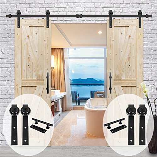 Image of S&Z TOPHAND 5 FT (5-17FT) Double Gate Classic Sliding Barn Door Hardware Kit Whole Set, 12'' Door Handles,Easy to Install, Perfect for Kitchen,Living Room, Bathroom