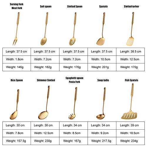 Küchenhelfer-Set, Edelstahl, 10-teilig, Kochutensilien mit Schlitzlöffel, Pfannenwender, Schöpflöffel, Skimmer, Stimmgerät, Spaghettiheber, Kochlöffel, Gold-Finish