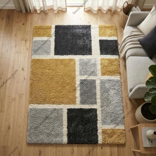 Image of SWEET HOMES Carpets for Living Room Bedroom Handwoven Ultra Soft Irregular Shaggy Rug, 10 x 14 Feet (305 x 427 cm), Yellow Grey