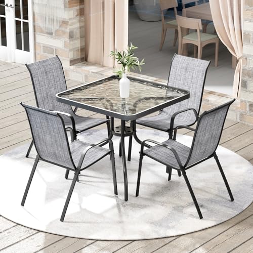 Arlopu 5 Piece Outdoor Patio Dining Set (Umbrella not Included), Porch Furniture with 4 Textline Chairs, 1 Square Glass Table for Garden, Backyard and Poolside, Lawn (Grey)