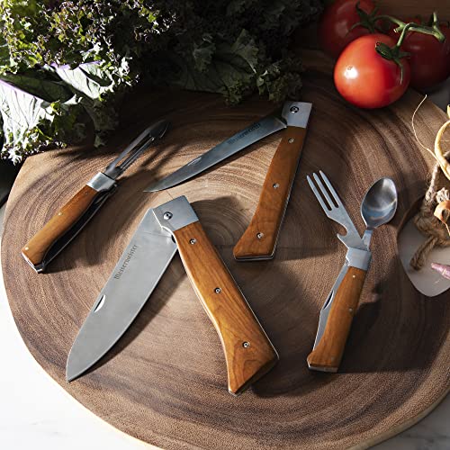 Messermeister Adventure Chef Summit Set, Carbonized Maple - Folding 6” Chef’s Knife, 6” Fillet Knife, Folding Steak Knife, Fork & Spoon, Folding Peeler & Parer, Tpe Cutting Board + Waxed Canvas Case #TOP5