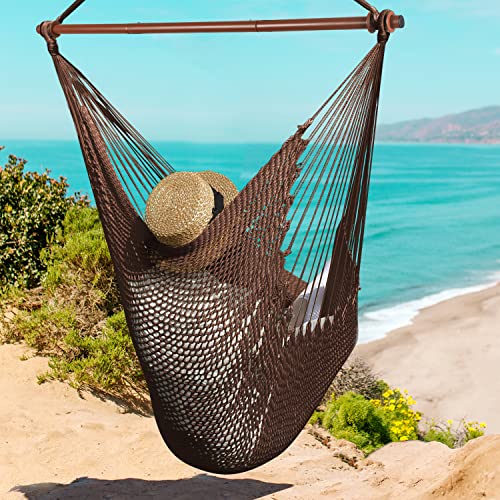 Upgraded Caribbean Hammock Chair With Detachable Metal Bar, Large Hammock Swing Chair, Xl Rope Hanging Chair For Outdoor Indoor, 330 Lbs Weight Capacity, Saddlebrown #TOP6