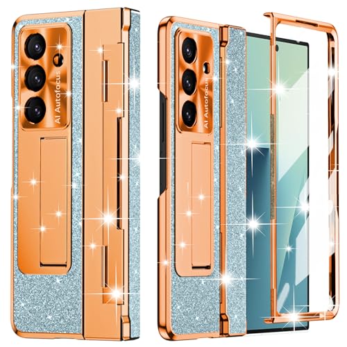 Coque Z Fold 7 anti-choc avec béquille et protection écran en cuir bleu